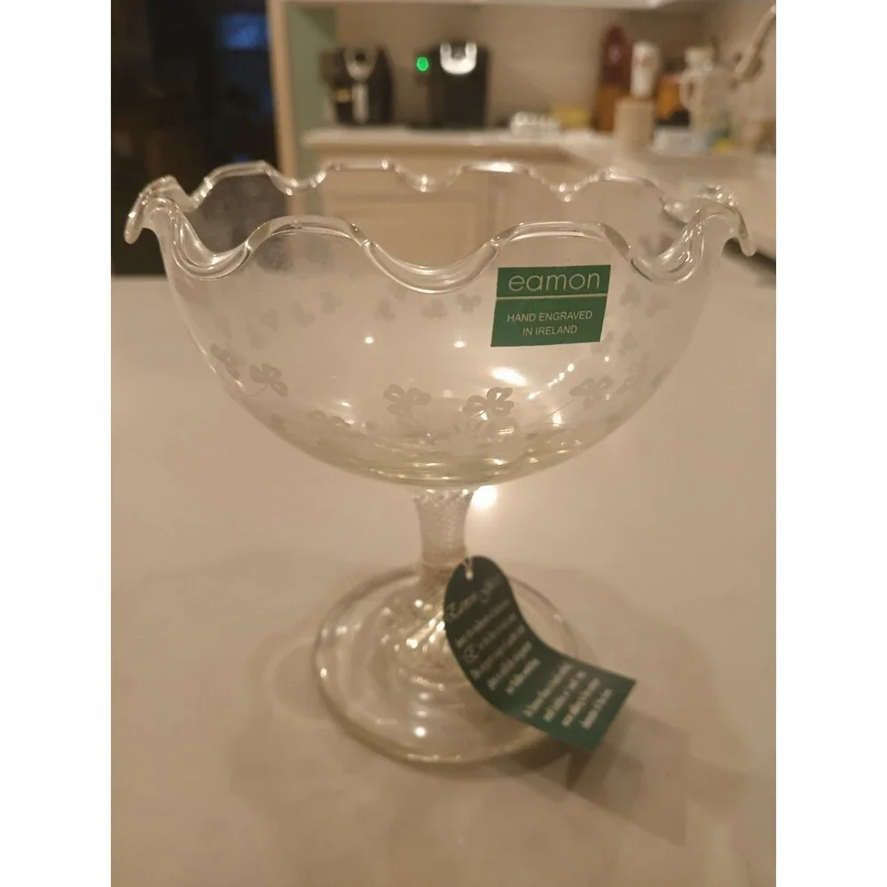 Beautiful Eamon Glass Shamrock Fluted Compote Hand Etched In Ireland Irish